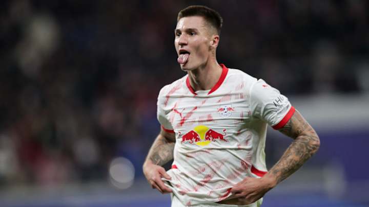 Benjamin Sesko of RB Leipzig celebrates after scoring a goal